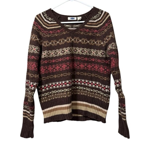 Old Navy Fair Isle Sweater V Neck Pullover Lambswool Sz Large Holiday Christmas - Picture 1 of 11